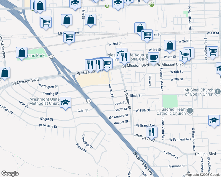 map of restaurants, bars, coffee shops, grocery stores, and more near 1619 Meserve Street in Pomona