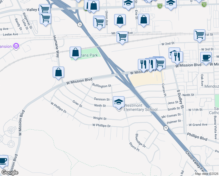 map of restaurants, bars, coffee shops, grocery stores, and more near 1811 Fleming Street in Pomona
