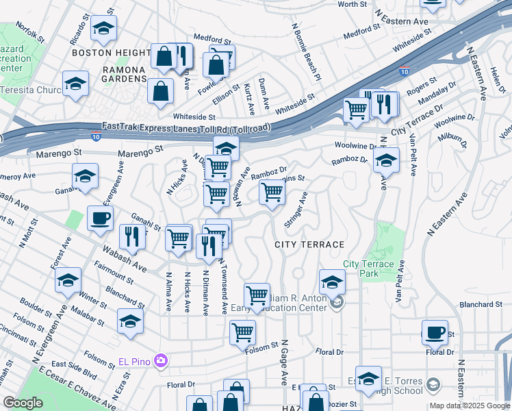 map of restaurants, bars, coffee shops, grocery stores, and more near 3621 Pomeroy Street in Los Angeles