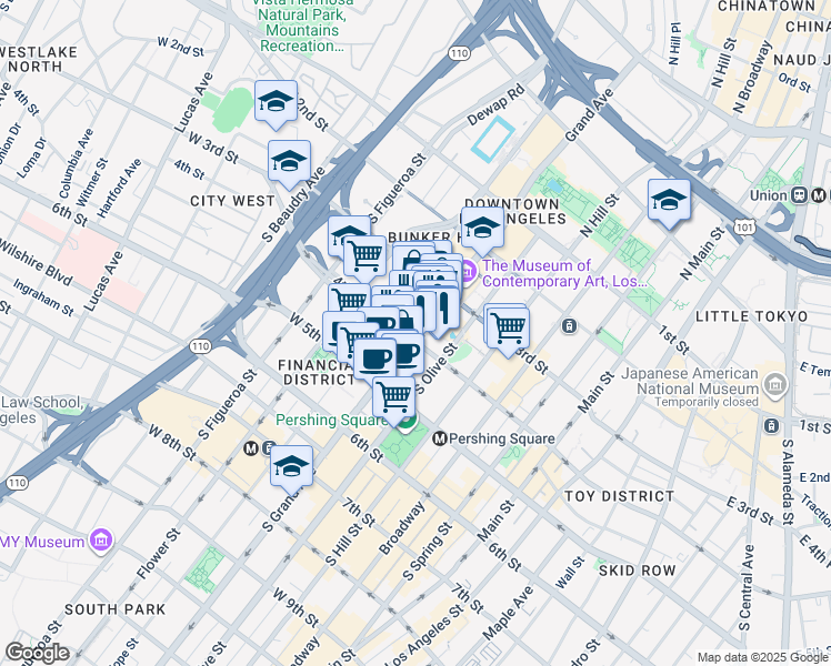 map of restaurants, bars, coffee shops, grocery stores, and more near 355 Grand Lower in Los Angeles
