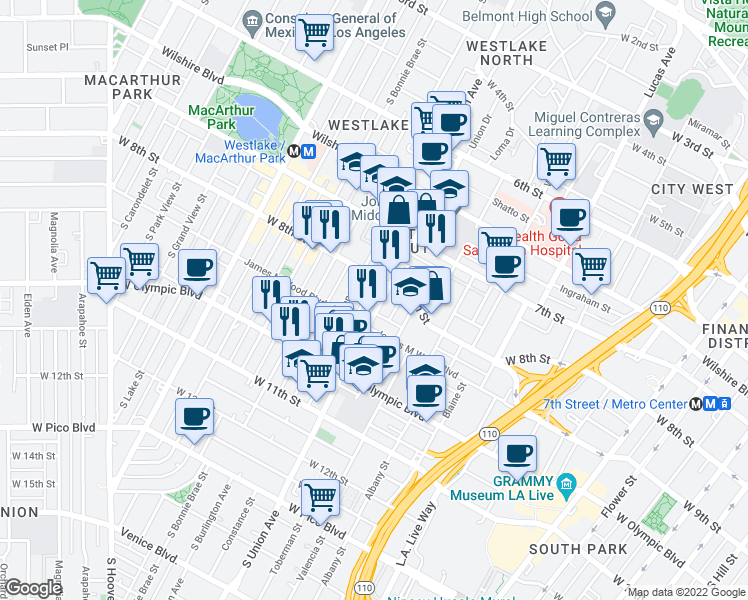 map of restaurants, bars, coffee shops, grocery stores, and more near 1617 West 9th Street in Los Angeles