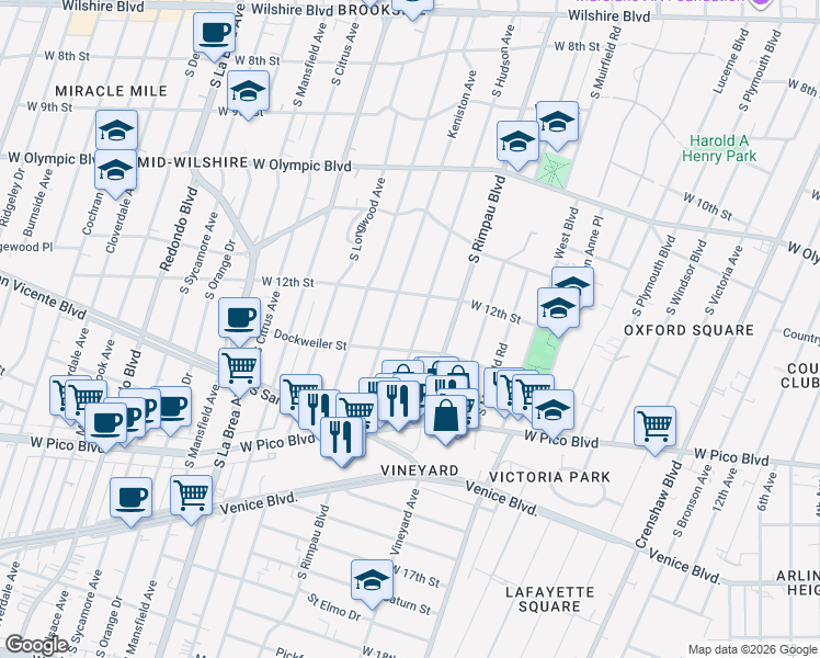 map of restaurants, bars, coffee shops, grocery stores, and more near 1252 Keniston Avenue in Los Angeles