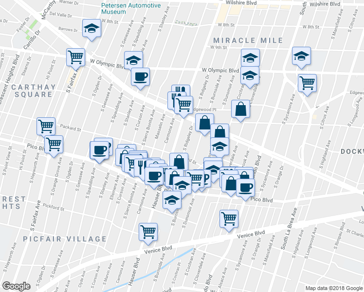 map of restaurants, bars, coffee shops, grocery stores, and more near 1276 South Ridgeley Drive in Los Angeles