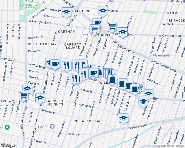 map of restaurants, bars, coffee shops, grocery stores, and more near West Pico Boulevard in Los Angeles