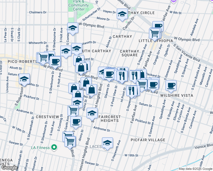 map of restaurants, bars, coffee shops, grocery stores, and more near 1424 Stearns Drive in Los Angeles