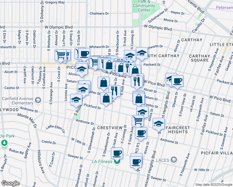 map of restaurants, bars, coffee shops, grocery stores, and more near 8635 Cashio Street in Los Angeles