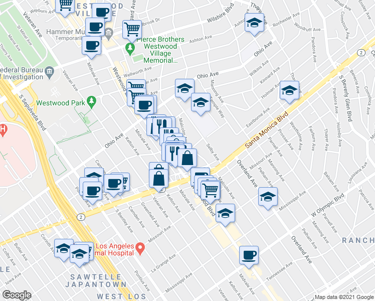 map of restaurants, bars, coffee shops, grocery stores, and more near 1730 Glendon Avenue in Los Angeles