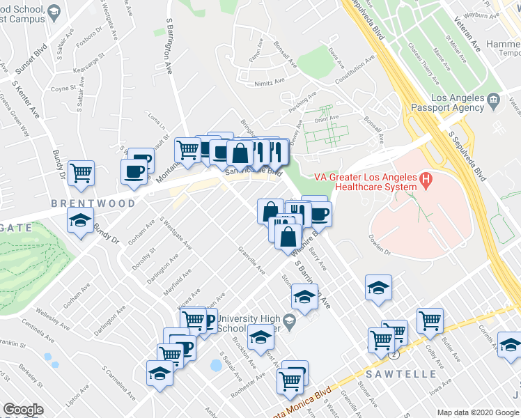 map of restaurants, bars, coffee shops, grocery stores, and more near 11661 Kiowa Avenue in Los Angeles