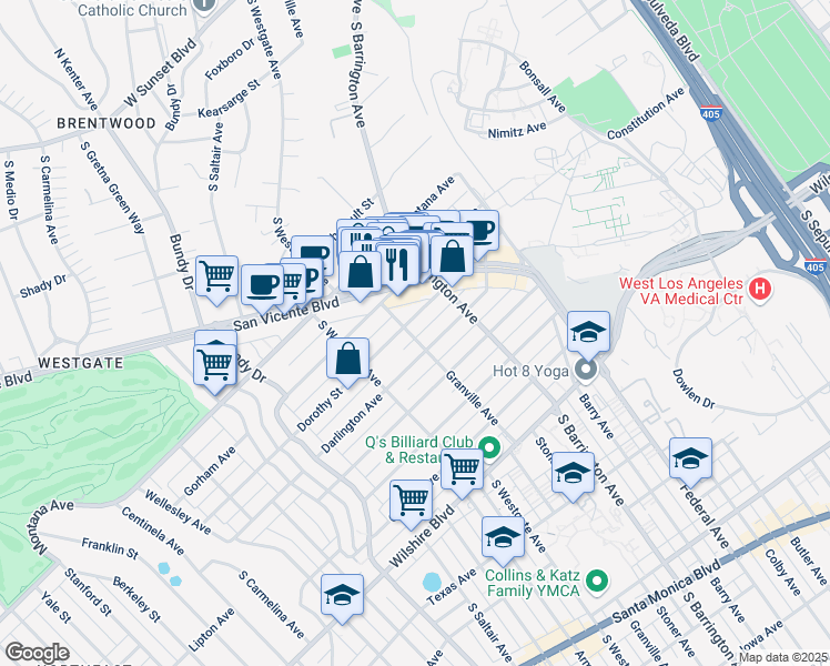 map of restaurants, bars, coffee shops, grocery stores, and more near 11818 Dorothy Street in Los Angeles
