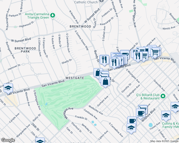 map of restaurants, bars, coffee shops, grocery stores, and more near 12221 San Vicente Boulevard in Los Angeles