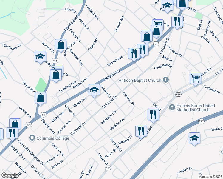 map of restaurants, bars, coffee shops, grocery stores, and more near 5404 Holmes Avenue in Columbia