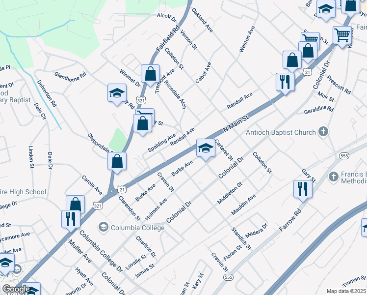 map of restaurants, bars, coffee shops, grocery stores, and more near 5239 U.S. 21 in Columbia