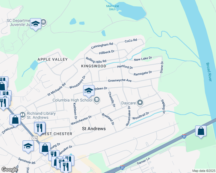 map of restaurants, bars, coffee shops, grocery stores, and more near 1835 Kathleen Drive in Columbia