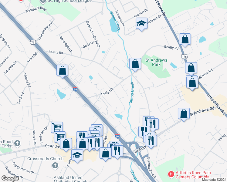 map of restaurants, bars, coffee shops, grocery stores, and more near 3643 Juneau Road in Columbia