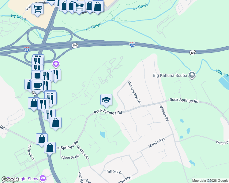 map of restaurants, bars, coffee shops, grocery stores, and more near 2740 Pine Log Way in Buford