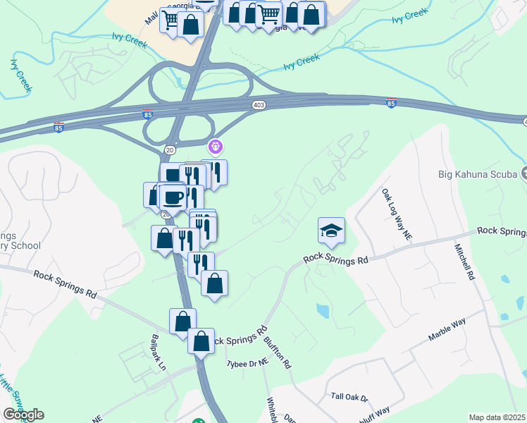 map of restaurants, bars, coffee shops, grocery stores, and more near 1525 Laurel Crossing Parkway Northeast in Buford