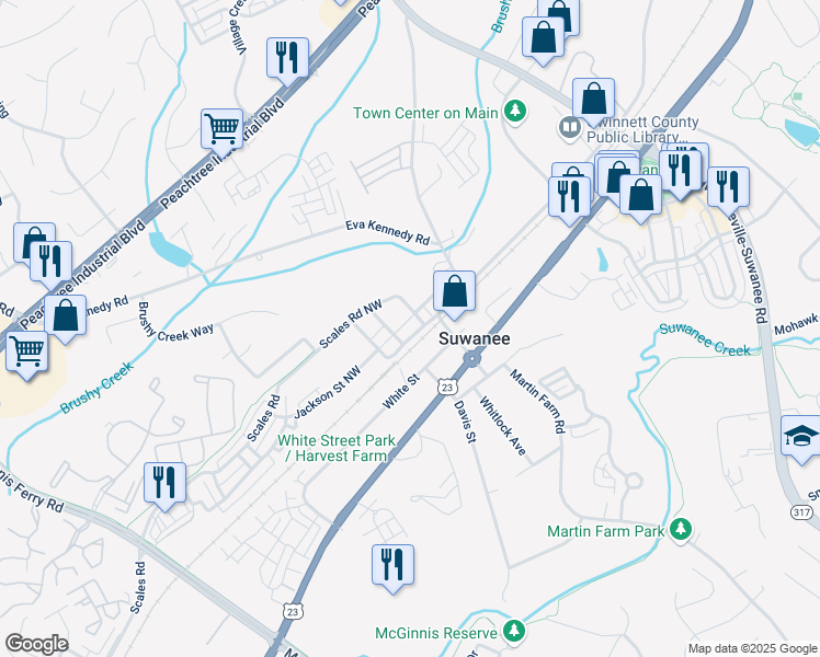 map of restaurants, bars, coffee shops, grocery stores, and more near 669 Main Street in Suwanee