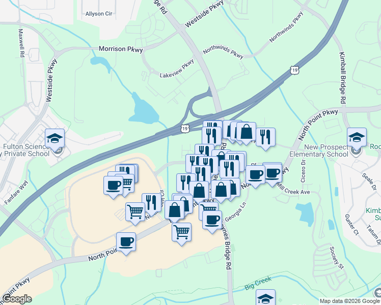 map of restaurants, bars, coffee shops, grocery stores, and more near 1275 North Point Drive in Alpharetta