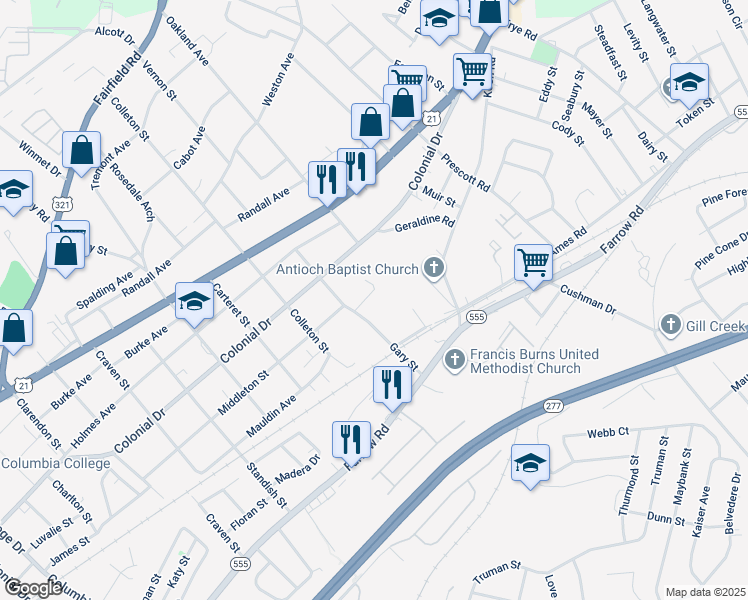 map of restaurants, bars, coffee shops, grocery stores, and more near 5618 Middleton Court in Columbia