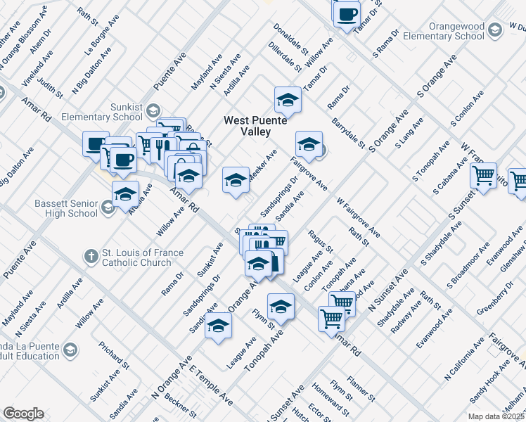 map of restaurants, bars, coffee shops, grocery stores, and more near 1025 Sandia Avenue in La Puente
