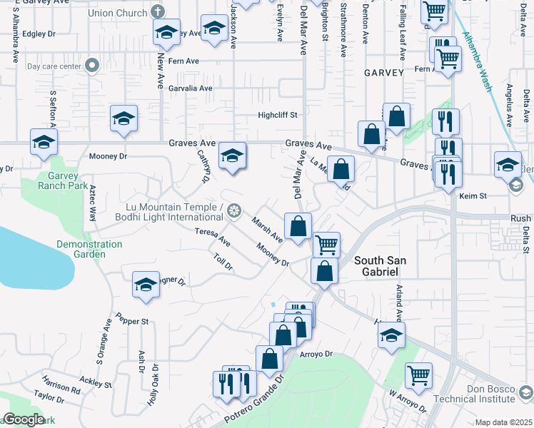 map of restaurants, bars, coffee shops, grocery stores, and more near 7712 Young Avenue in Rosemead