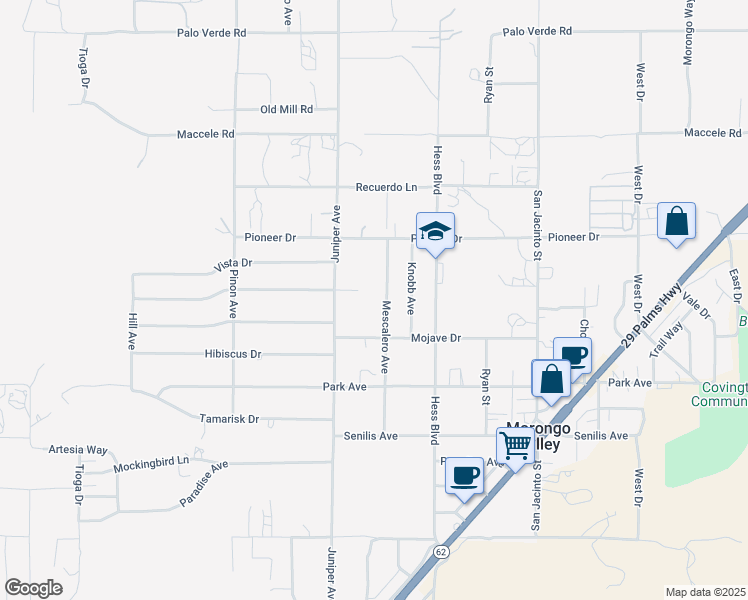 map of restaurants, bars, coffee shops, grocery stores, and more near 11040 Mescalero Avenue in Morongo Valley