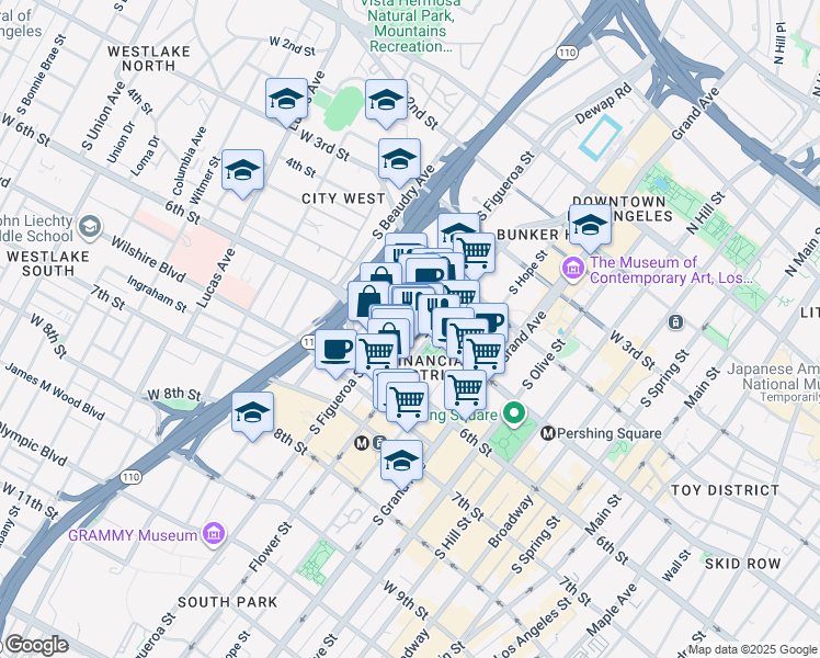map of restaurants, bars, coffee shops, grocery stores, and more near 515 Flower Street in Los Angeles