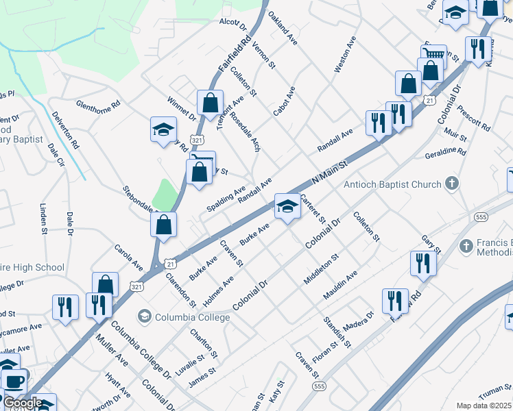 map of restaurants, bars, coffee shops, grocery stores, and more near 5239 U.S. 21 in Columbia