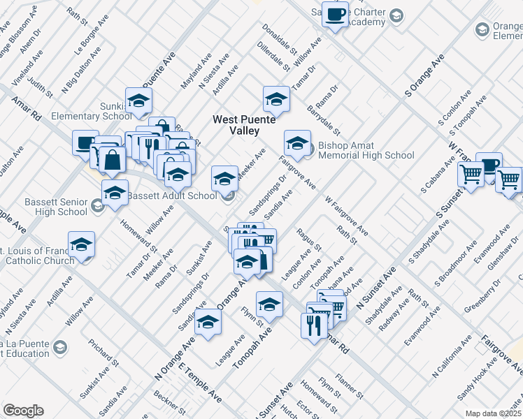 map of restaurants, bars, coffee shops, grocery stores, and more near 1036 Sandsprings Drive in La Puente