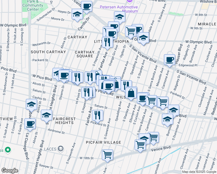 map of restaurants, bars, coffee shops, grocery stores, and more near 1345 South Ogden Drive in Los Angeles