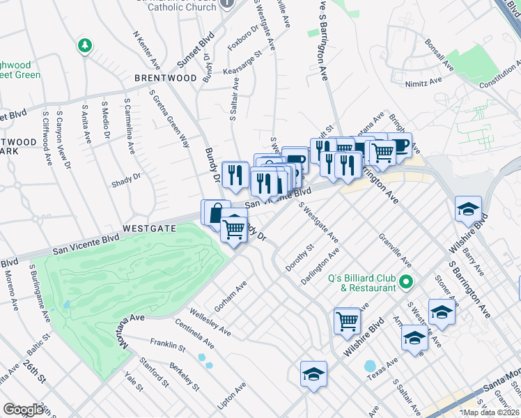 map of restaurants, bars, coffee shops, grocery stores, and more near 11990 San Vicente Boulevard in Los Angeles