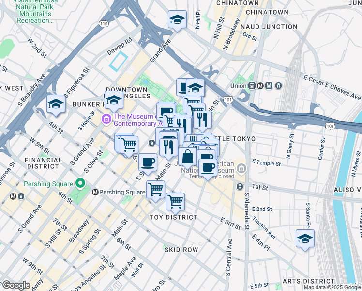 map of restaurants, bars, coffee shops, grocery stores, and more near 100 West 1st Street in Los Angeles