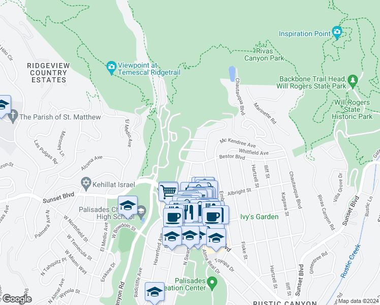 map of restaurants, bars, coffee shops, grocery stores, and more near 15318 Whitfield Avenue in Los Angeles