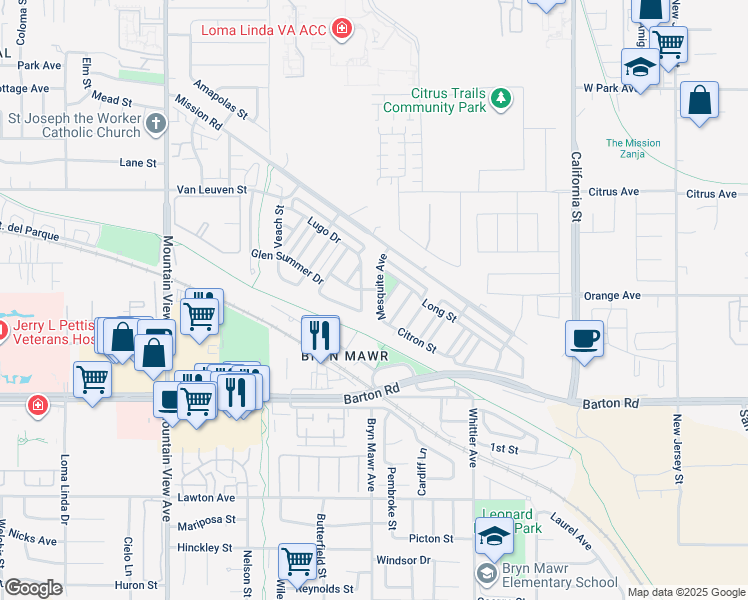 map of restaurants, bars, coffee shops, grocery stores, and more near 11120 Mesquite Avenue in Loma Linda