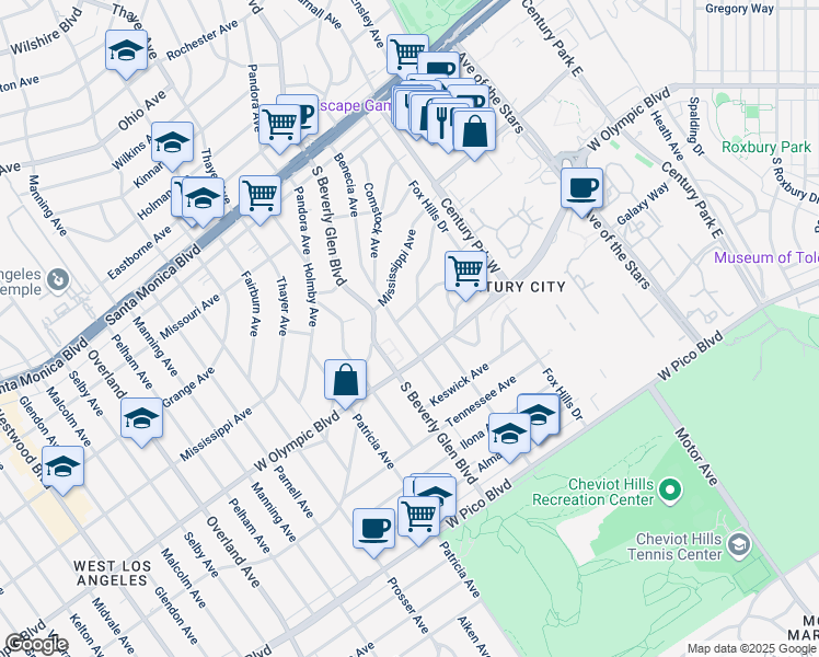 map of restaurants, bars, coffee shops, grocery stores, and more near 2141 Benecia Avenue in Los Angeles