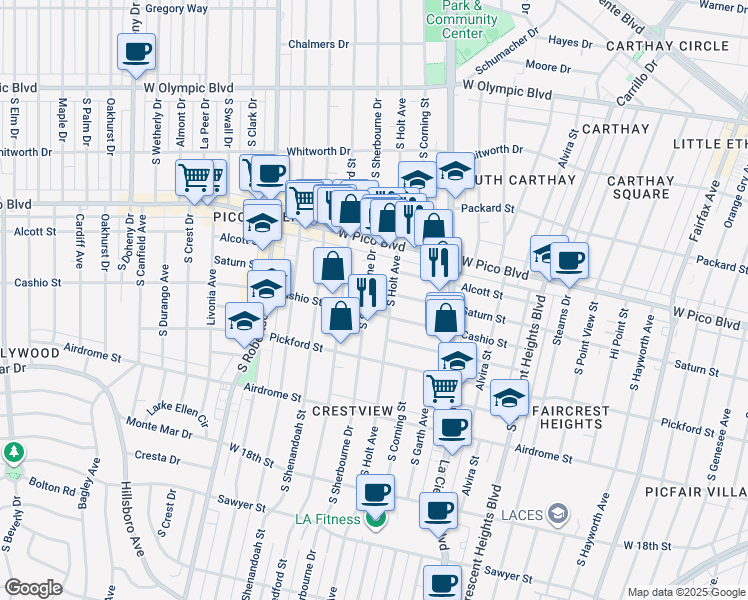 map of restaurants, bars, coffee shops, grocery stores, and more near 1470 South Sherbourne Drive in Los Angeles