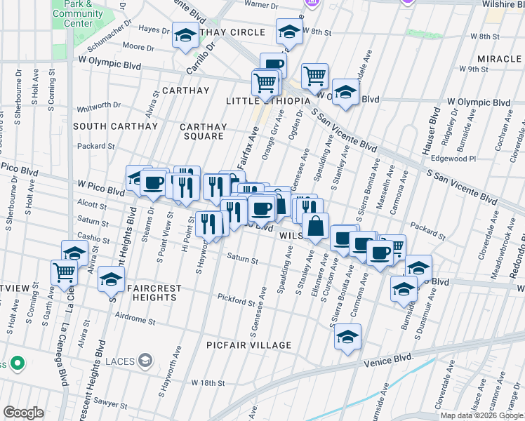 map of restaurants, bars, coffee shops, grocery stores, and more near West Pico Boulevard in Los Angeles