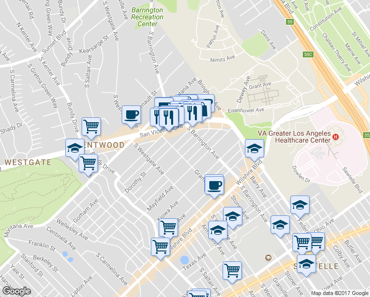 map of restaurants, bars, coffee shops, grocery stores, and more near 11743 Darlington Avenue in Los Angeles