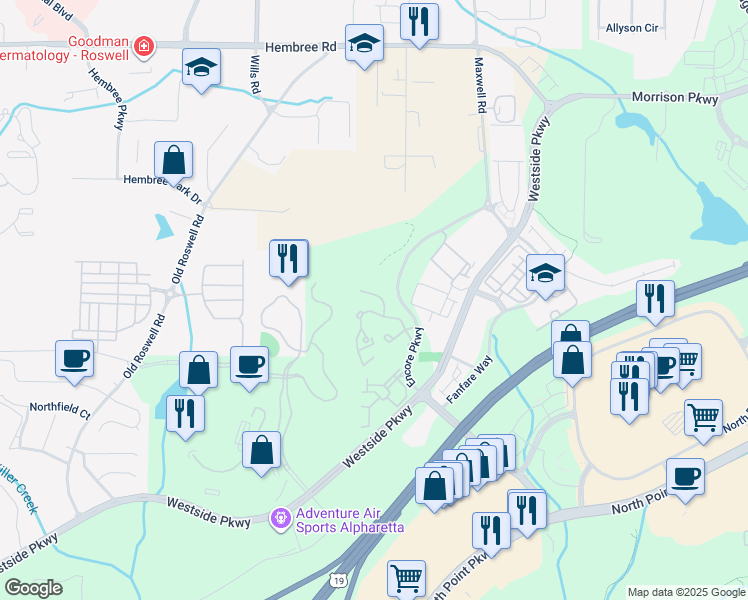 map of restaurants, bars, coffee shops, grocery stores, and more near 1600 Somerby Court in Alpharetta