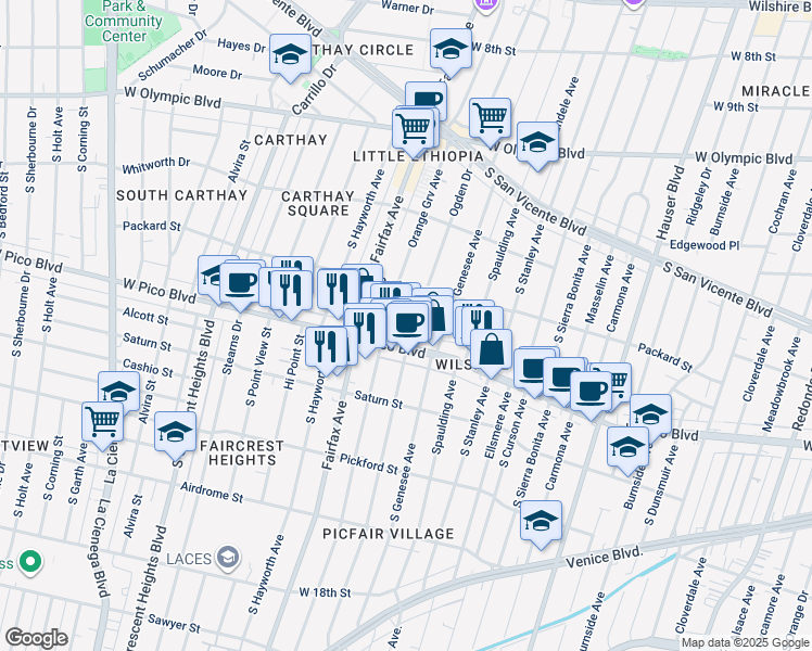 map of restaurants, bars, coffee shops, grocery stores, and more near 1345 South Ogden Drive in Los Angeles