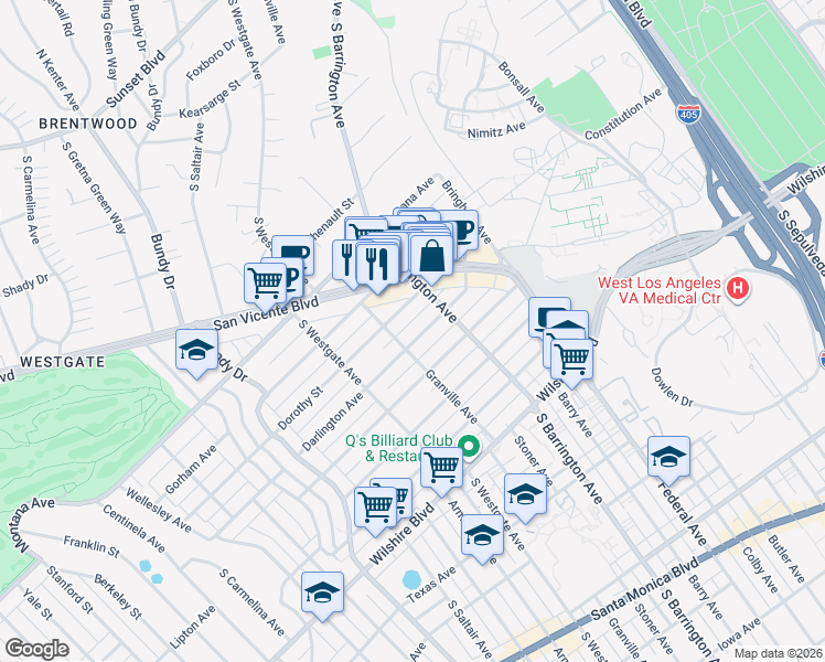 map of restaurants, bars, coffee shops, grocery stores, and more near 11743 Darlington Avenue in Los Angeles