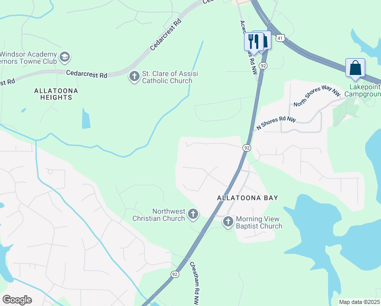 map of restaurants, bars, coffee shops, grocery stores, and more near 6013 Deer Springs Lane Northwest in Acworth
