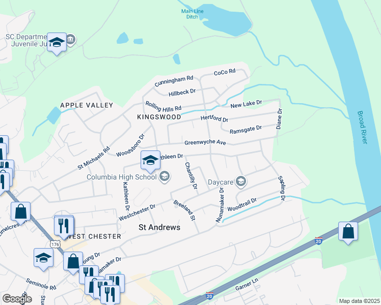 map of restaurants, bars, coffee shops, grocery stores, and more near 1905 Kathleen Drive in Columbia