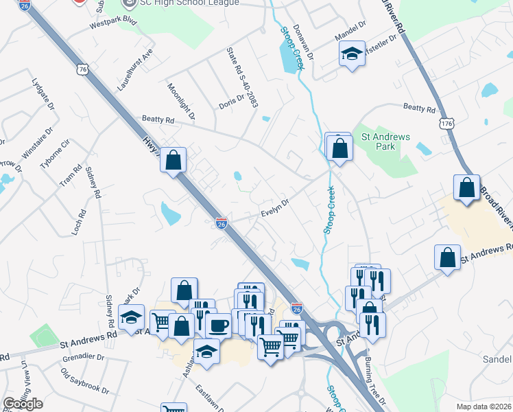 map of restaurants, bars, coffee shops, grocery stores, and more near 409 Evelyn Drive in Columbia
