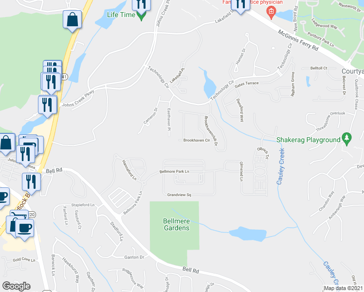 map of restaurants, bars, coffee shops, grocery stores, and more near 6106 Brookhaven Circle in Duluth