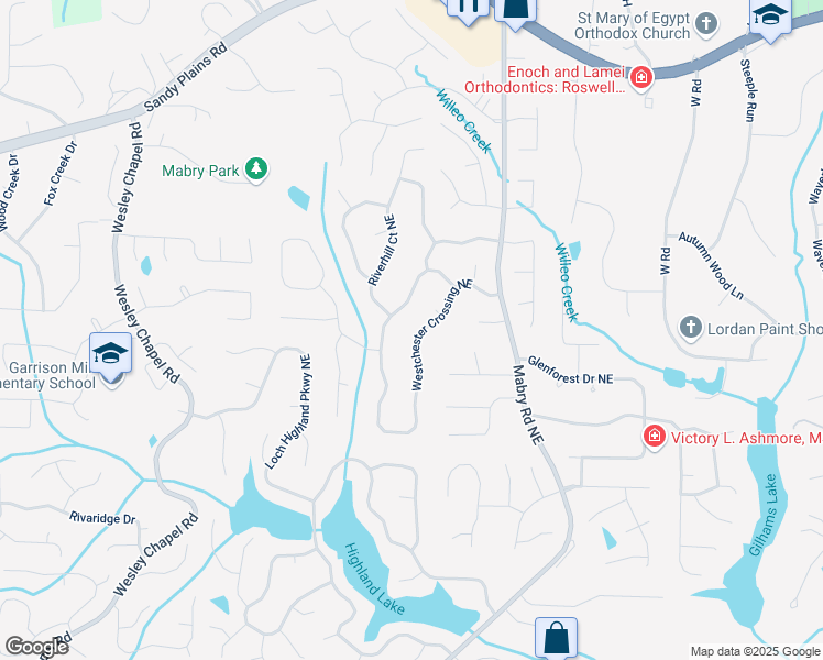 map of restaurants, bars, coffee shops, grocery stores, and more near 4179 Westchester Crossing Northeast in Roswell