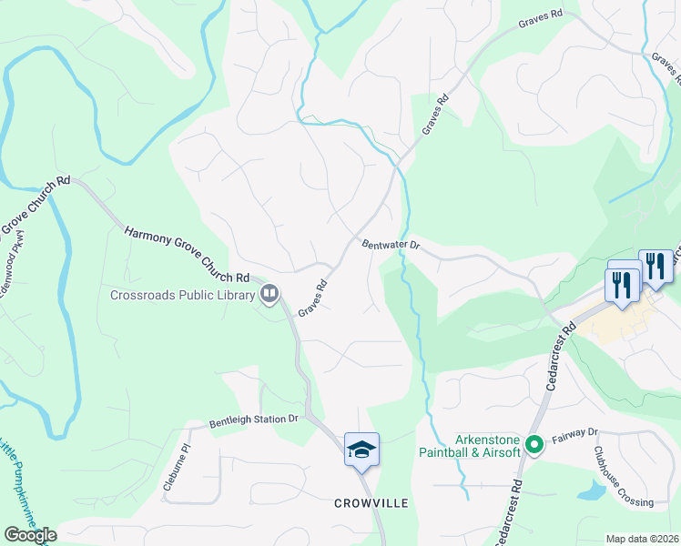 map of restaurants, bars, coffee shops, grocery stores, and more near 190 Graves Road in Acworth
