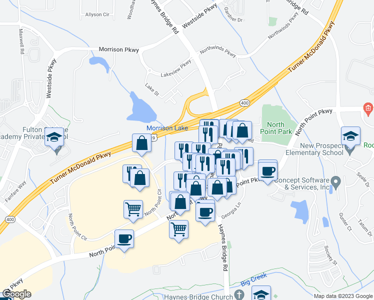 map of restaurants, bars, coffee shops, grocery stores, and more near 1275 North Point Drive in Alpharetta