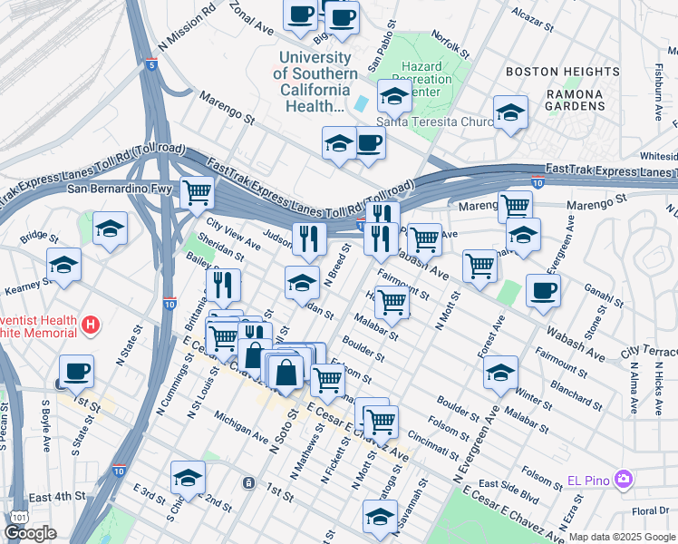 map of restaurants, bars, coffee shops, grocery stores, and more near 616 North Breed Street in Los Angeles