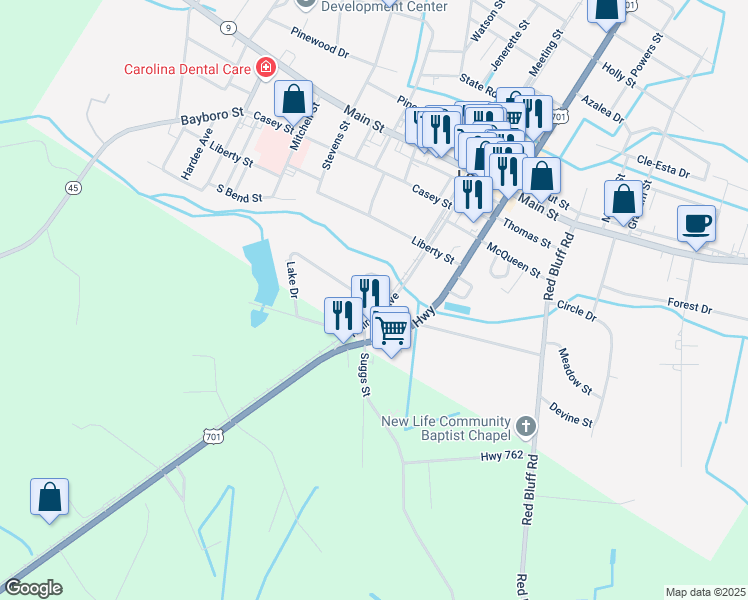 map of restaurants, bars, coffee shops, grocery stores, and more near 3085 Broad Street in Loris